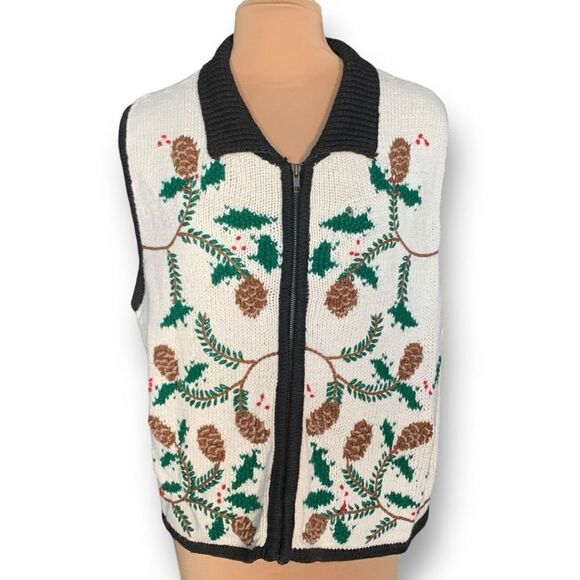 Vintage Bechamel Printed Knit Sweater Vest Winter Pine Cone Knit Sweater Zip Up - Picture 3 of 11
